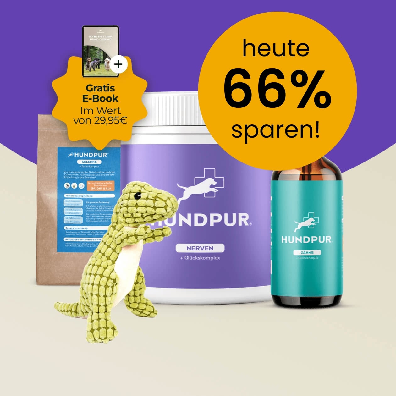 Hundpur® Sorglos-Paket mit Nerven Glückskomplex & GRATIS Zahnspray & E-Book & Gelenke Probe & Dino