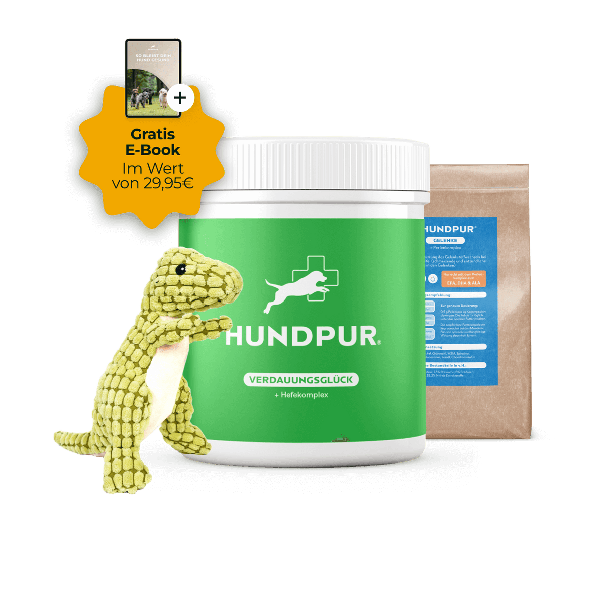 Hundpur® Sorglos-Paket mit Verdauungsglück + GRATIS Gelenke Probe & Dino & E-Book