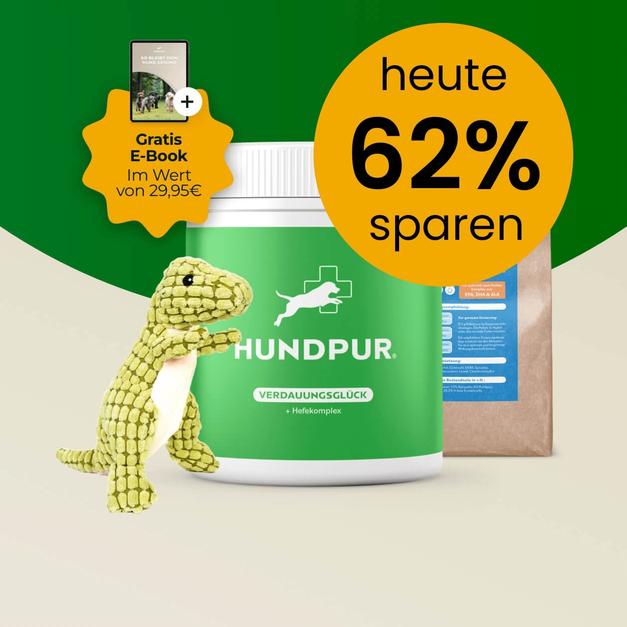 Hundpur® Sorglos-Paket mit Verdauungsglück + GRATIS Gelenke Probe & Dino & E-Book