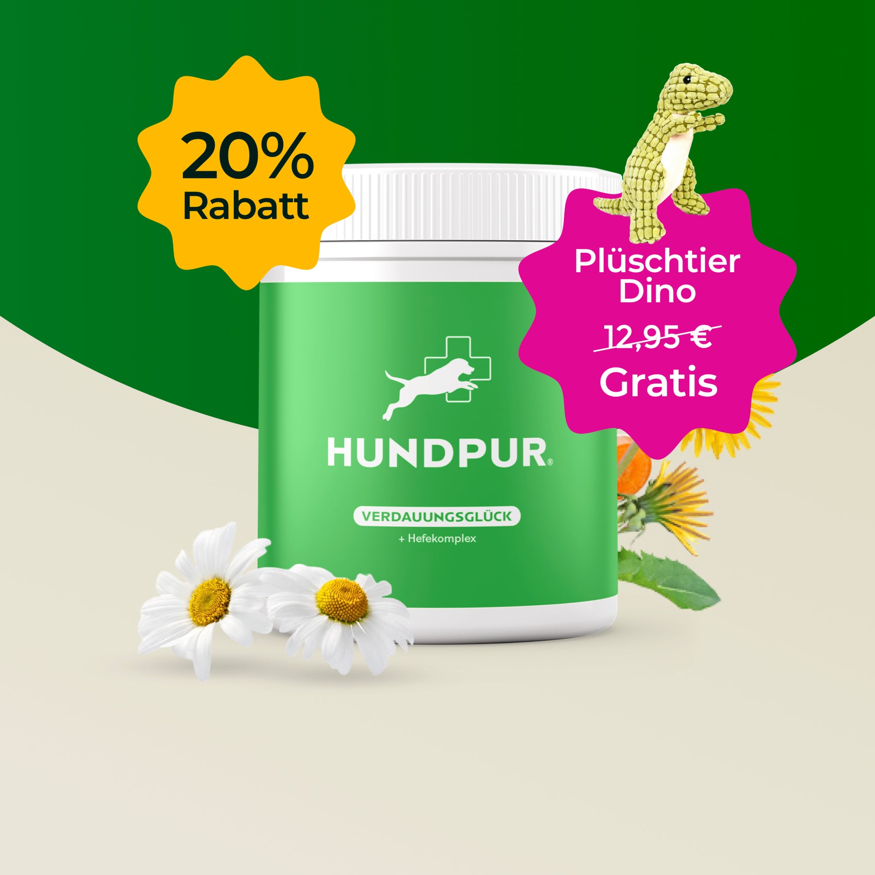 Hundpur® Verdauungsglück mit Probiotika 20% + Gratis Dino